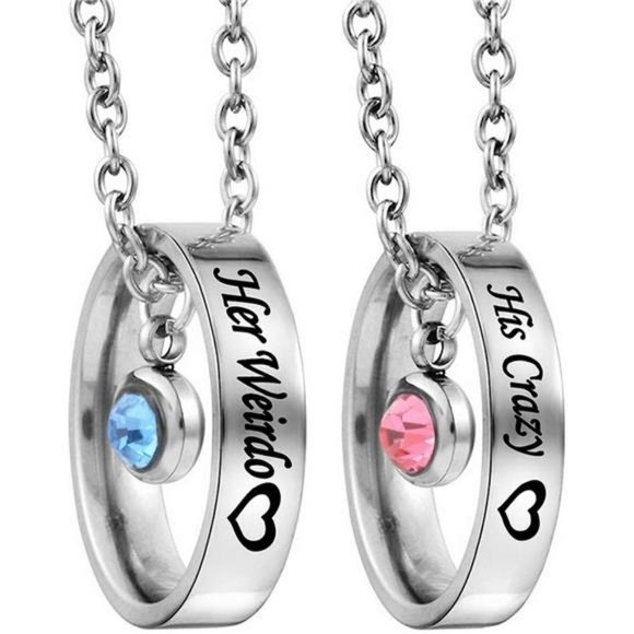 Matching Necklaces for Couples,His and Hers Engraved Rhinestone Ring Pendant Set - Picture 1 of 6